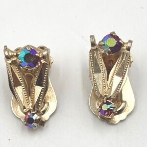 Vintage Gold Tone Clip On Earrings Aurora Borealis Crystal Accents